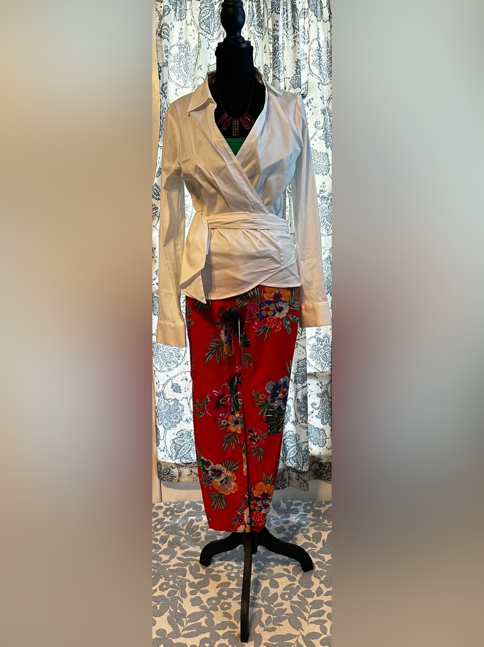 Outfit WHBM White Blouse, Green Tank & Tropical Print Capris